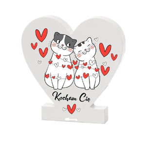 Drewniana tabliczka serce z podstawką wzbogacona lakierem UV z napisem "Kocham Cię" - kotki