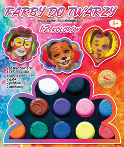  fabry do malowania twarzy, 12 kolorów + brokat + gąbka + pędziel   FA012