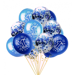 zestaw  balonów z konfetti "Pierwsze urodziny" 30 cm 12 szt. Niebieski