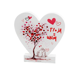 drewniana tabliczka serce z podstawką wzbogacona lakierem UV - "TY+JA=WNM"