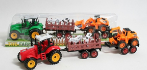 traktor + przyczepa ze zwierzętami + koparka w kloszu 50x10,5x13cm