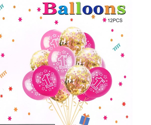 zestaw  balonów z konfetti "Pierwsze urodziny" 30 cm 12 szt. różowy