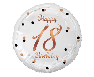 balon foliowy B&C Happy 18 Birthday biały, nadruk różowo-złoty 18" | FG-O18B