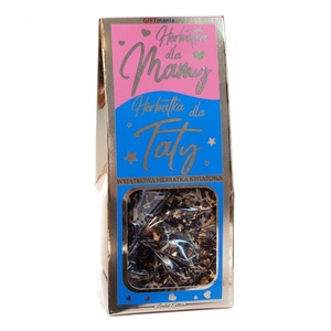 wyjątkowa herbatka kwiatowa w złotym opakowaniu z napisem "Herbatka dla Mamy i Herbatka dla Taty"