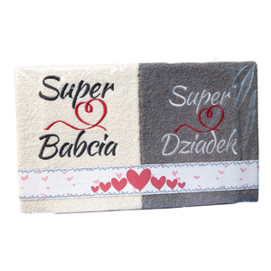 komplet ręczników "Super Babcia" "Super Dziadek" kolor ecry -szary