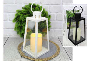 lampion, latarnia szkło-plastik LED trapez z jedną swiecą mix biały i czarny 34x13 cm AE-7296