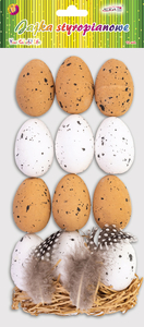 jajka styropianowe nakrapiane 5,5cm  12szt. z piórkami i paskami papierowymi   |   WPJ-4765 