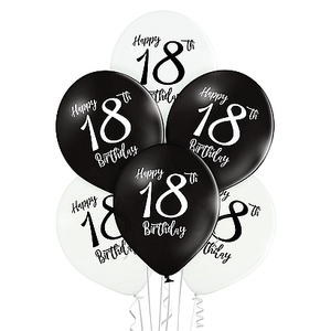 balony 6szt. Happy Birthday 18 czarno białe | 42-88