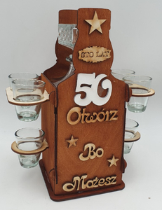 stojak butelka + karafka + kieliszki  50 - urodziny  