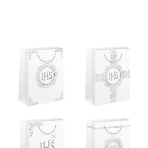 torebki na prezenty 15x20cm komunijne IHS biało-srebrne małe 12szt. mix  132067