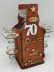 stojak butelka + karafka + kieliszki  70 - urodziny  