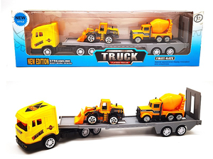 auto ciężarowe, metalowe, z lawetą i 2 pojazdami budowlanymi; 33x10x5,5cm