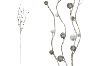 gałązka dekoracyjna z perełkami, kryształkami SREBRNA 55 cm 6szt GBR-18031