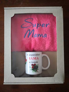 zest.prezentowy ręcznik+kubek SUPER MAMA